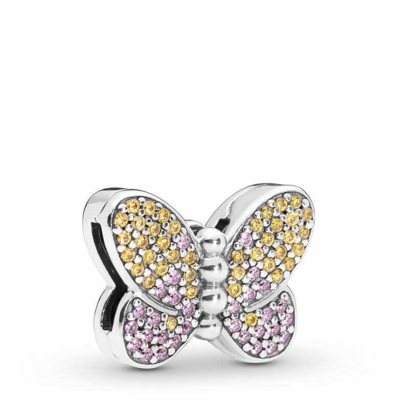 Talismane Pandora Reflexions™ Bedazzling Butterfly Clip Argint/Roz (GuWjUtsh)